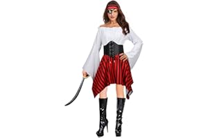 NUWIND 5 szt., damski kostium piracki, cosplay, strój renesansowy, bluzka, gorset, pas biodrowy, spódnica w paski, chustka na głowę, opaska na oko, 5 szt