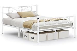 VASAGLE Cadre de Lit 140 x 190 avec Sommier Métal, Lit 2 Personnes, en Métal, Montage Facile, pour Petits Espaces, Chambre d’Amis, Chambre Ado, Blanc RMB063W01