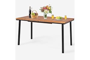 GOPLUS - Mesa de jardín al aire libre, mesa de comedor de madera con agujero de sombrilla, ideal para terraza, patio, piscina, 140 x 75 x 76 cm