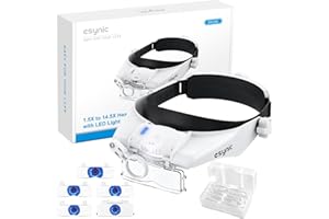 eSynic Gafas de Lupa Recargable con Luz Lupas de Gran Aumento 1.5X-13X con 5 Lentes Ajustable Gafas de Aumento Lupa con Control Táctil e Indicador de Batería para Manualidades,Leer,Coser,Joyería