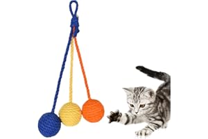 Disnace Pelota de Cuerda de Sisal para Gatos, Juguete Colgante para Gatos de Sisal, Bola Interactiva con Campana para Rascar, Morder y Aliviar el Aburrimiento en Interiores (Naranja, Amarillo, Azul)
