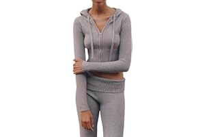 PanLidapan Women Casual Two Piece Summer Outfits Long Sleeve Zipper Hooded Crop Top Trouser Solid Colour Knit Lounge Sets Sweatsuit Tracksuit