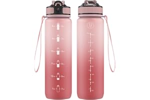 NAVTUE Water Bottle, 1L Drinks Bottle with Straw, Time Markings, Leak Proof, Tritan BPA free for School/Cycling/Running (LightPink 1 Bottle)