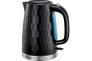 Russell Hobbs Honeycomb Electric 1.7L Cordless Kettle (Fast Boil 3KW, Black premium plastic, matt & high gloss finish, Removable washable anti-scale filter, Push button lid, Perfect pour spout) 26051