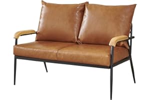 STEP2 KJ LEMROE - Divano moderno in pelle con struttura in metallo e bracciolo in legno, per soggiorno, camera degli ospiti/ufficio (marrone chiaro, 2 posti)