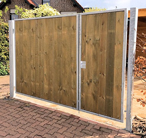 Einfahrtstor / Einbaubreite 350 cm / Einbauhöhe 180 cm / Hochwertiges 2-flügeliges asymmetrisch geteiltes Tor / Aufteilung: 1,0 m + 2,5 m / Verzinkt mit Holzfüllung / Holz Tor Gartentor Hoftor - 2