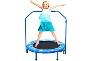 NUKIED Trampolina dla dzieci, Ø 91 cm, składana, do mini trampoliny z poręczą, z regulowanym uchwytem z pianki i wyściółką bezpieczeństwa, trampolina do sportów skokowych wewnątrz lub na zewnątrz