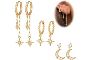 IKOPFLN 3 Paires de Boucles d'oreilles Créoles Plaquées or 18 Carats - Motif lune et étoiles - Zircon Cubique - Avec Pendentif Minimaliste,Or