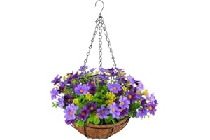 FUNLOV Artificial Hanging Flowers in Basket for Patio Garden Porch Deck Decoration, Fake Hanging Plants, Fake Plants in 11 inch Coconut Lining Basket (Purple flower)