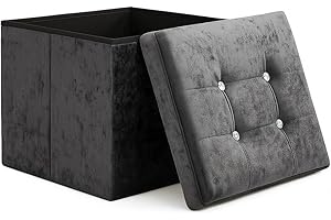 Home Republic Storage Ottoman – Foldable Cube Ottoman with Lid – Small or Large Foot Rest Bench with Storage (Black Crushed Velvet, 38 x 38cms 1 Seater)