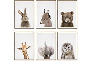 YOUIHOM 6 Laminas Decorativas Animales Salvajes Ilustración Pared Posters Cuarto de Los Niños Infantil Habitación Decorar Pinturas Conejo Burro Oso Jirafa Elefante Búho Lienzo 21x30 cm sin Marco