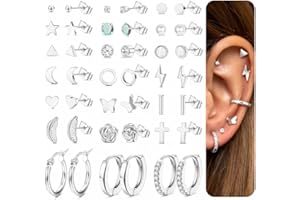 MILACOLATO 21 Pairs Silver Stud Earrings Set for Women Stainless Steel Cartilage Helix Small Tiny Hoop Earrings Star Moon Opal Cross Heart 20G Geometric Stud Earrings Piercing Jewellery