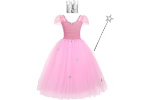 IMEKIS Kid Girls Glinda the Good Witch Costume Fancy Halloween Dress Up Short Sleeve Princess Ruffle Tutu Dress with Crown Fairy Wand Birthday Carnival Cosplay Party Outfit