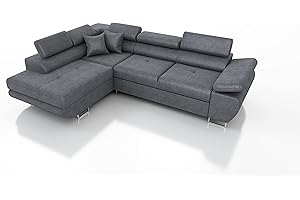 ROBIN INSPIRE Robin Saturn Premium Kingston Divano ad angolo con funzione di letto con cassetto per la biancheria e cuscini e Poggiatesta regolabili angolo a sinistra grigio scuro 272 x 200 x 73/90