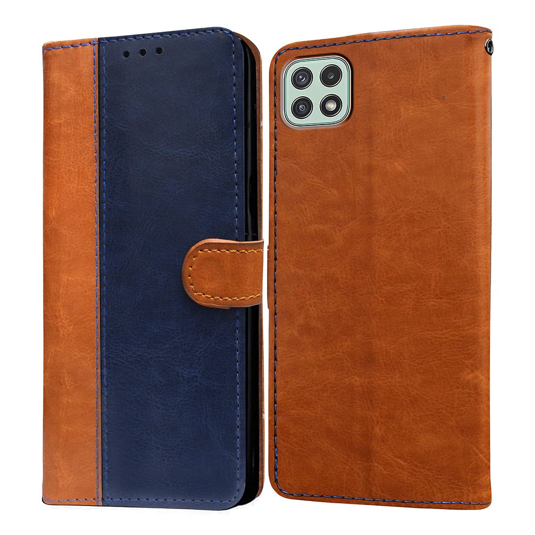 Casotec Flip Cover for Samsung Galaxy A22 5G / F42 5G | Premium Leather Finish | Inbuilt Pockets & Stand | Flip Case for Samsung Galaxy A22 5G / F42 5G (Camel and Blue)