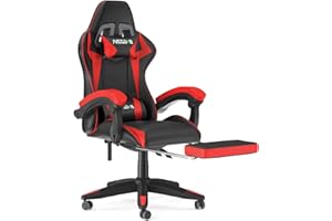 bigzzia - Sedia da gaming, ergonomica, per gamer, con cuscino lombare e poggiatesta, regolabile in altezza, sedia per computer, per ufficio, per adulti, ragazze e ragazzi (Con poggiapiedi, rosso)
