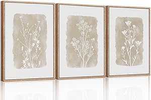 TOARTi Botanical Farmhouse Wall Art Set, Framed Boho Plant Wall Decor, Neutral Minimalist Floral Wall Painting, Rustic Wildflower Canvas Art Prints for Living Room Bedroom Bathroom - Large 12"x16"x3