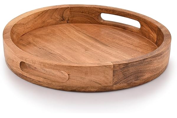 Samhita Round Serving Acacia Wooden Tray with Handles for Serving Beverages Tea Plate Dessert Dinner Breakfast Plate (30.48cm x 30.48cm x 4.06cm)