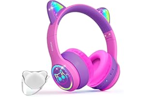 I LOVE E IFECCO iFecco Cuffie Bluetooth Bambini con Microfono,Wireless con Borsa,Luci LED Cat Ear Cuffie per iPad/Tablet/Smartphone/Scuola
