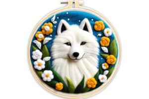 ABEUTY Needle Felting Kits Picture for Beginners Adults, White Wolf Flowers DIY Wool Felt Painting Starter Kit with Embroidery Hoop and Tools for Home Decor (Wolf)
