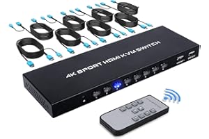 TCNEWCL 4K HDMI KVM Switch 8 Port, HDMI KVM Umschalter 8 in 1 Out für 8 Computer Aktie Tastatur, Maus, Drucker und 1 HD-Monitor, mit Fernbedienung und 8 USB+HDMI 2-in-1-Kabel