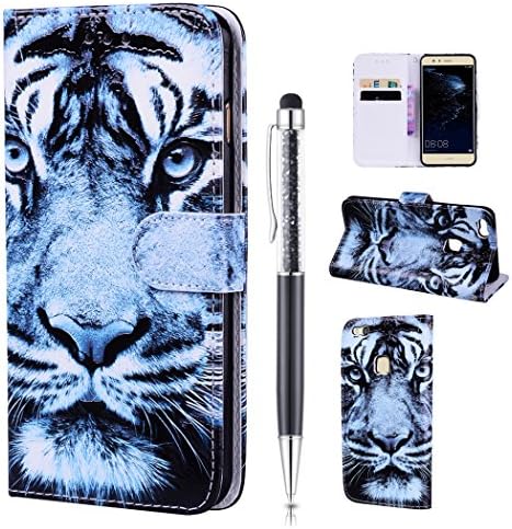 Leather Cover for Huawei P10 Lite Case, Wallet Flip Case Cover for Huawei P10 Lite, Colourful Cute Pattern Painted Design Case for Huawei P10 Lite, ZCRO Premium PU Leather Bookstyle Phone Case with Card Holder Slots Magnetic Silicone Inner Back Shell Ultra Slim Fit Stand Full Protective Case a Stylus Pen for Huawei P10 Lite (Tiger)