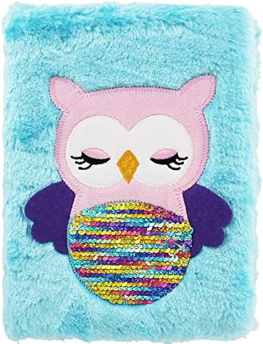 A5 Owl Sequined Blue Plush Notebook