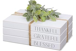 kroucoco Decorative Wooden Books for Home Decor, White Faux Books for Display, Rustic Farmhouse Stacked Books (THANKFUL GRATEFUL BLESSED)