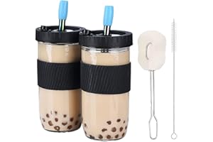 Alink 2 Paquet Verre avec Paille, 730ml Reutilisable Tasses à thé à Bulles avec Couvercle Étanches, Verres à Boire Large Ouverture avec Paille de Mer pour Milkshakes, Boissons, Smoothies-Noir
