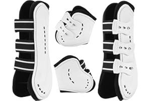 FRDHEE Stivali per Gambe da Cavallo, Set di 4 Ghette da Salto con Fodera Cavallo Leg Protector Elastico PU Cavallo Anteriore Posteriore Gamba Pony Shock Absorbing Show Competition Leg Protection, L, Bianco
