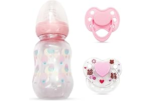 MYREBABY Pink Style Pacifier and Bottle 2 Piece Set Safest Reborn Baby Doll Accessories（Comes with an Extra Pink Magnetic Pacifier）