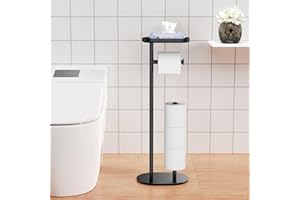 Accwork Toilet Roll Holder Free Standing, Black Toilet Paper Holder Stand with Top Storage Shelf, Floor Standing Toilet Roll Dispenser, Storages 4 Reserve Rolls
