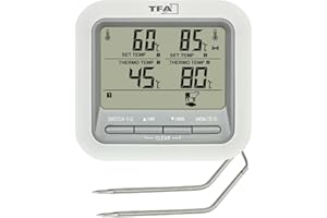 TFA Dostmann Termometro da cucina digitale per barbecue e arrosti, 14.1516, con 2 sonde acciaio inossidabile, termometro carne, forno a legna, 300 °C, con allarme, manzo/maiale/pollo/pesce, bianco