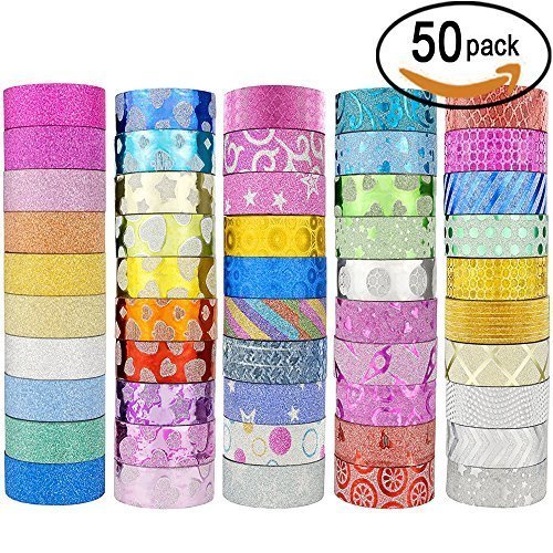 50 rollos Glitter Washi cinta de carrocero Set, ideal para DIY decor álbumes Pegatina Adhesiva Papel Decoración cinta adhesiva escuela suministros