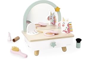Janod Tavolino da toeletta in Legno per Bambini-Cassetto, Specchio e 7 Accessori-Tema Unicorno-Altezza 33cm-Truccabimbi-da 3 anni-J06463, 30 x 23,5 x 32,8 cm, J06463