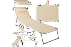TecTake® Tumbona Jardín Exterior de Acero, Tumbona Plegable con Reposacabezas, Parasol y Bolsillo Lateral, Tumbona Playa Reclinable 6 Posiciones, para Piscina Resistente a Intemperie - Beige