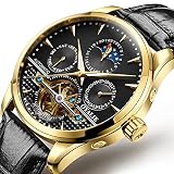 WATCHES-HAN Uhren für Männer 18 Colores Multifunktions Datum AutomatikMechanical Watch Fashion Hollow Wasserdicht Luminous Edelstahl Luxuriöse Marken Handel Männer Quarzuhren-Schwarz Gold