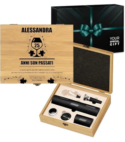 Set Accessori Vino In Legno Di Bambù - Cavatappi Personalizzato + 8 Pezzi, Regalo Di Natale
