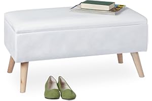 Relaxdays Panca Contenitore, 40x41x80 cm, 40L, Seduta Imbottita, Gambe in Legno, Pouf Cassapanca, 2 Posti, Bianco, Fibra