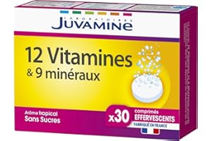 JUVAMINE 12 Vitamines & 9 Minéraux, Fatigue, Stress, Vitamines C, B2, B3, B6, B9 et Fer, Programme de 30 jours, 30 Comprimés Effervescents, Arôme tropical, Fabriqué en France
