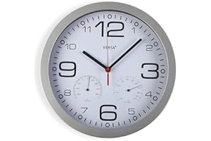 Versa Pamuk Reloj de pared silencioso y decorativo, para Cocina o Salón con Higrómetro y Termómetro, Medidas (Al x L x An) 30 x 4,1 x 30 cm, Plástico y Cristal, Color Blanco y gris