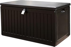 Olsen & Smith 270L Outdoor Storage Box with Padlock – Durable Sit-On Garden Chest, Weatherproof Plastic Shed Seat, Lockable Wood Effect Design for Patio, Deck, and Garage (Black)