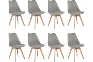 H.J WeDoo - Juego de 8 Sillas Escandinavas de Comedor y Cocina, Sillas Nórdicas con Patas de Haya Maciza Natural y Cojín de Asiento de Suave Piel de PU Gris