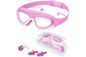 Victoper Kids Swimming Goggles 4-16 years, Upgraded Design Anti-Fog Anti-UV Wide Clear View Soft Silicone Adjustable Swimming Goggles with Ear&Nose Plug for Girls Purple