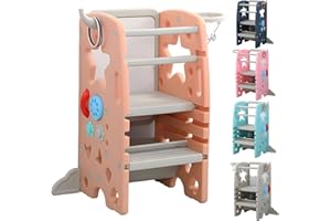 THUNDER GROUP Kids Step Stool, Adjustable Standing Platform | Kids Learning Tower for 1+ Year Old | Toddler Learning Tower 4 Modes (Basketball, White Board, Busy Board, Rings) (Baby Orange)