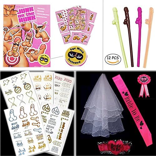Bachelorette Party Accessories Girls Night Out Supplies Decorations - Pecker Sipping Straws &amp; Sash &amp; Veil &amp; Tattoo &amp; Poster Game Accessories&amp; Badge &amp; Stretch Lace Garter