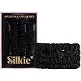 SILKIE x4 Set 100% Pure Mulberry Silk Black Skinny Scrunchies Travel Pouch Everyday Hair Ties Elastics Hair Care Ponytail Holder No Damage (Noir)