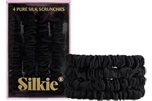 SILKIE x4 Set 100% Pure Mulberry Silk Black Skinny Scrunchies Travel Pouch Everyday Hair Ties Elastics Hair Care Ponytail Holder No Damage (Noir)