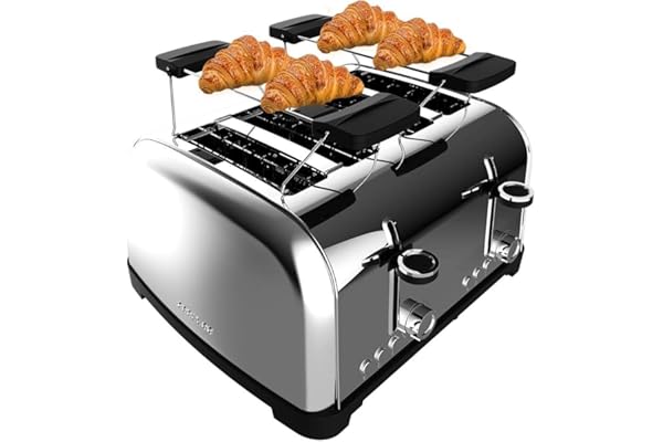 Cecotec Grille-pain Vertical 4 Fentes Courtes Toastin' time 1700 Double Inox. 1700 W, 4 Tranches de Pain, Fente Large de 3,8 cm, 2 Supports pour Pains et Tiroir Ramasse-miettes, Acier Inoxydable