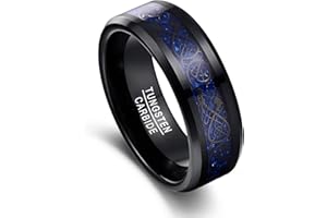 Vakki Herrenring 8mm Schwarz Wolfram Ring Keltische Drachen-Eheringe mit Opalpapier/Kohlefaser für Männer Größe 49.3(15.7)-74.8(23.8)